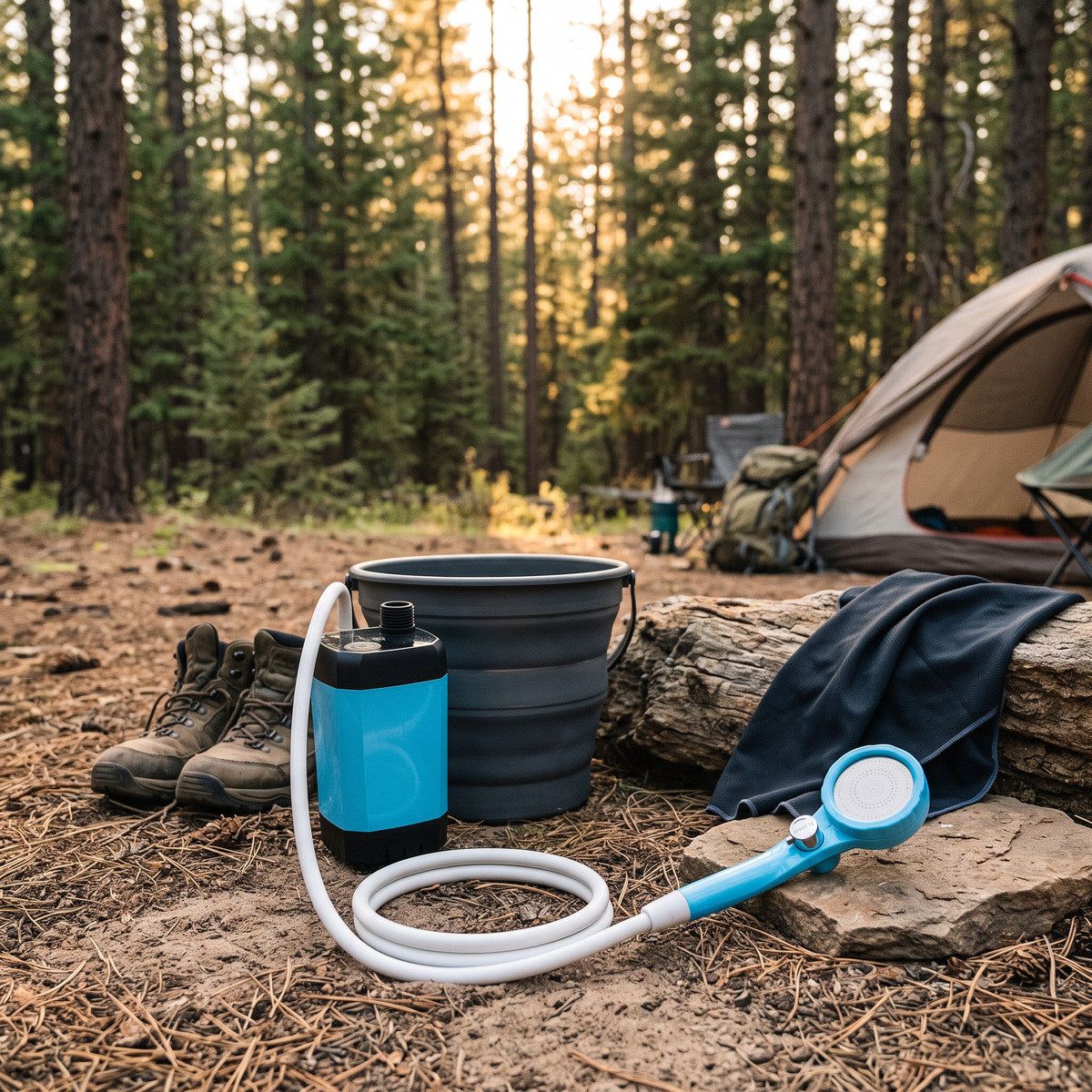 Blue Trailbrook Camping Shower In Evening Camp Light