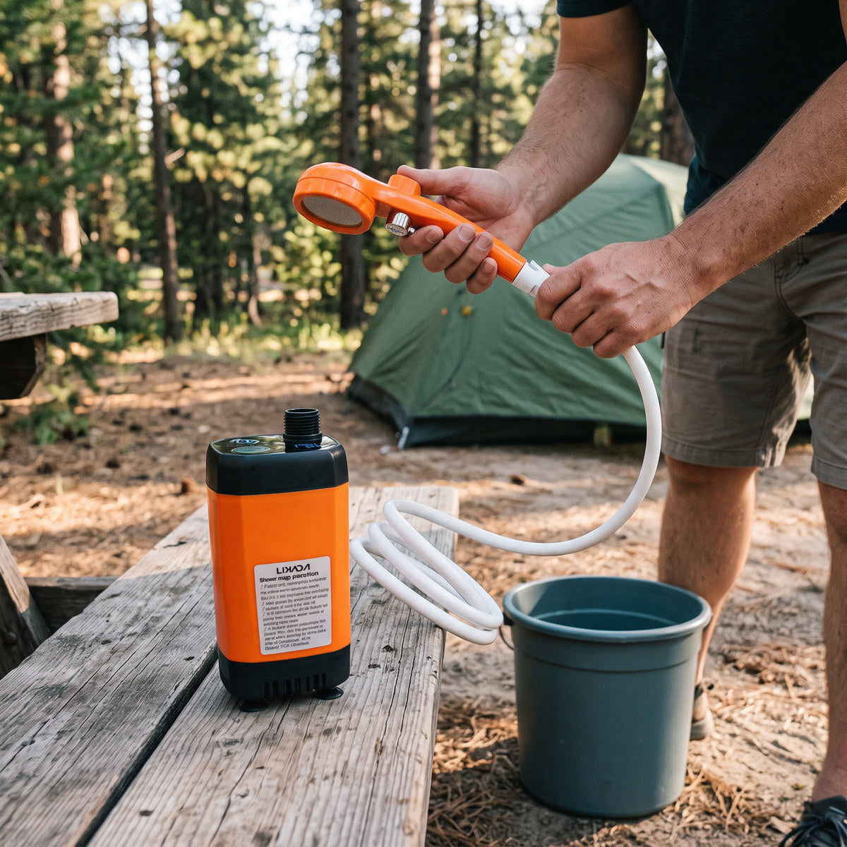 Trailbrook camping shower and water container at a campsite