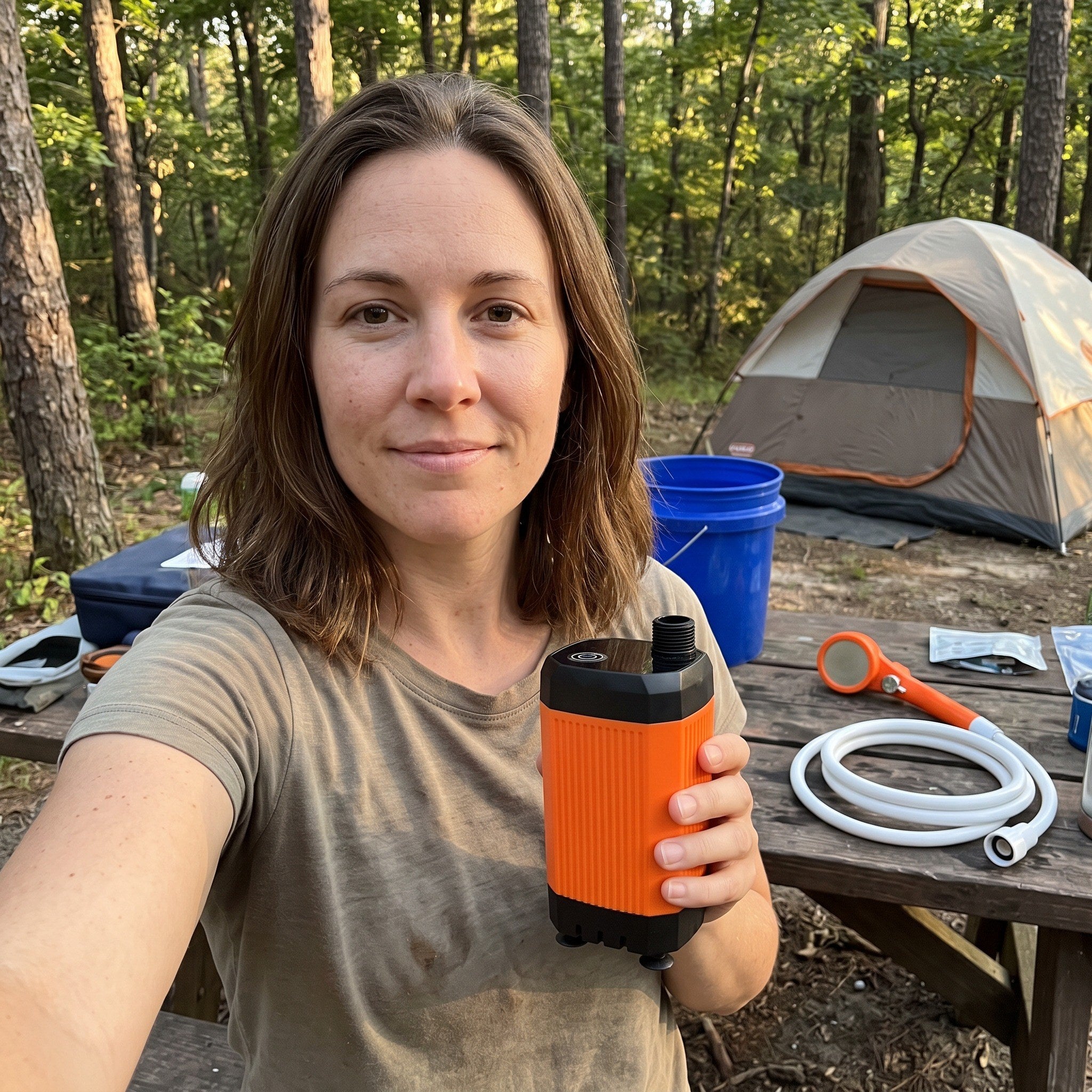 Emma with an Orange camping shower at camp