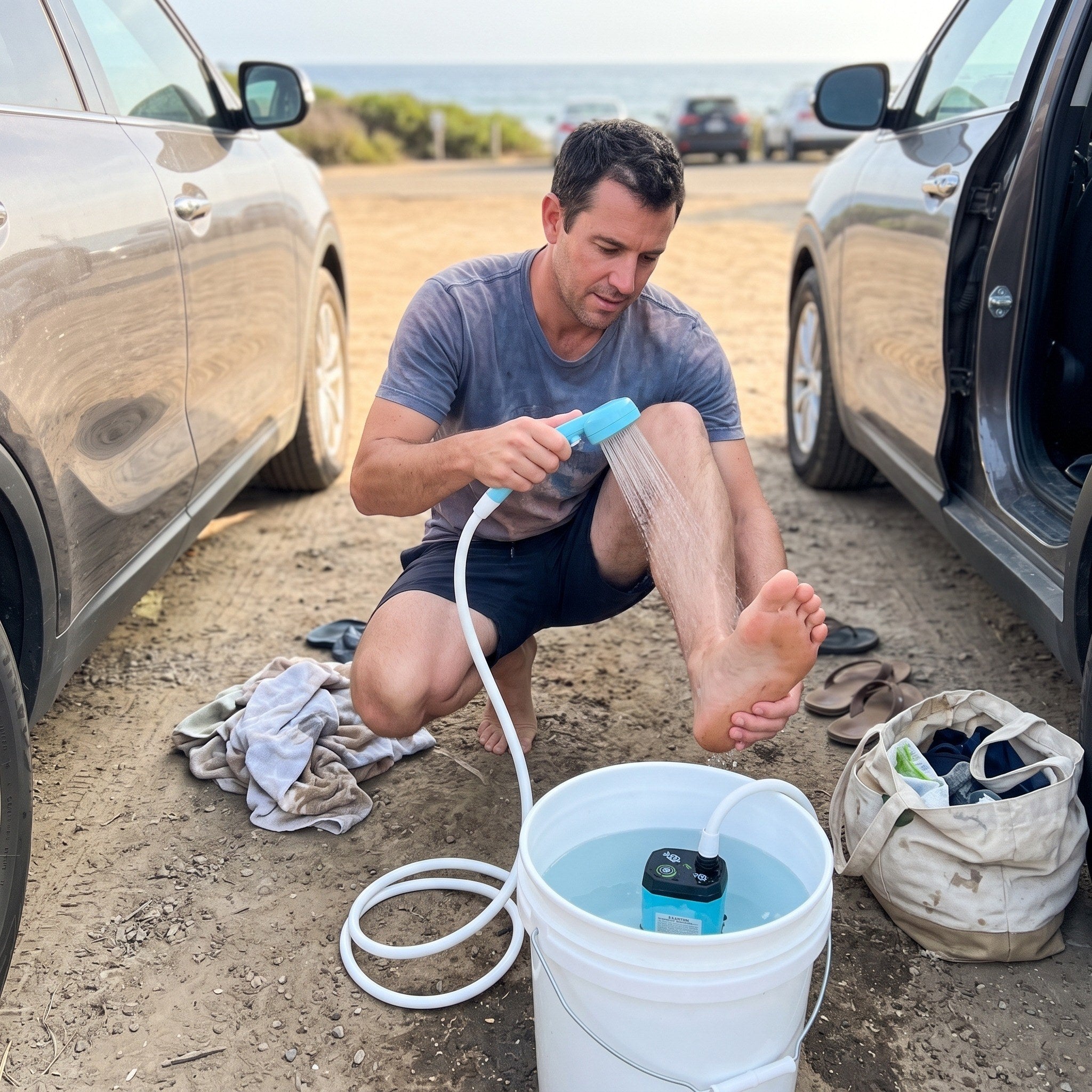 Daniel with a Blue camping shower beside a beach car park