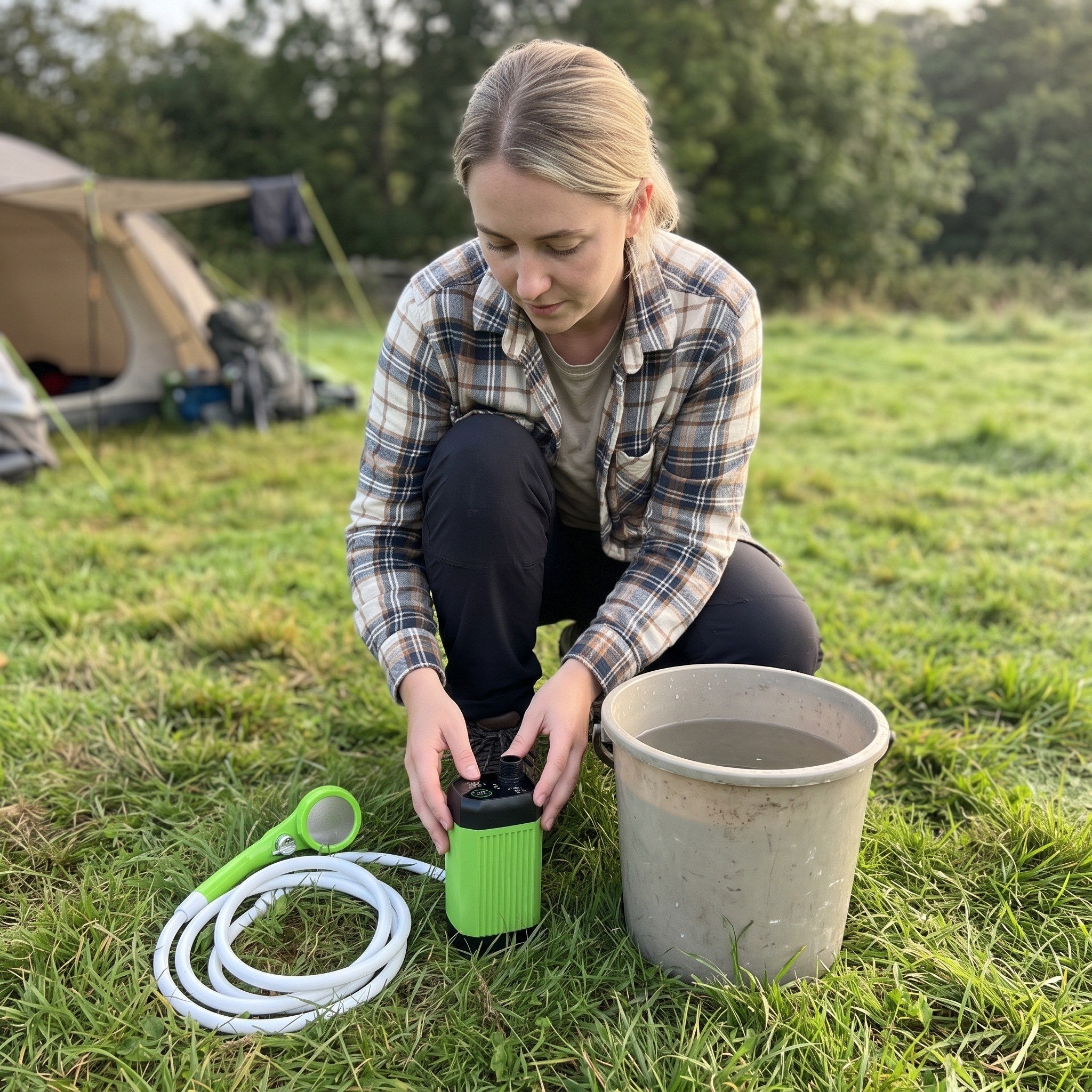 Sophie with a Green camping shower near her water container