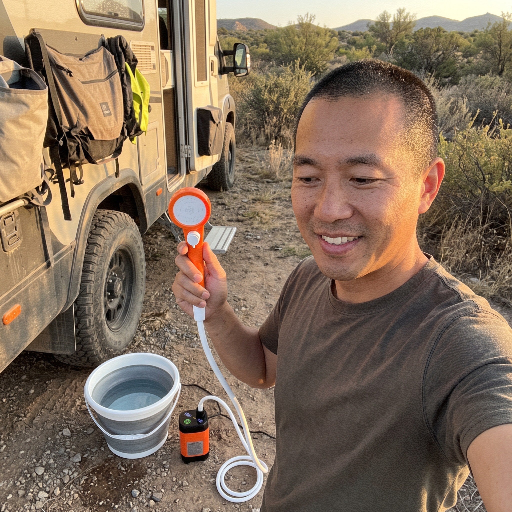 Marcus with an Orange camping shower beside his camper