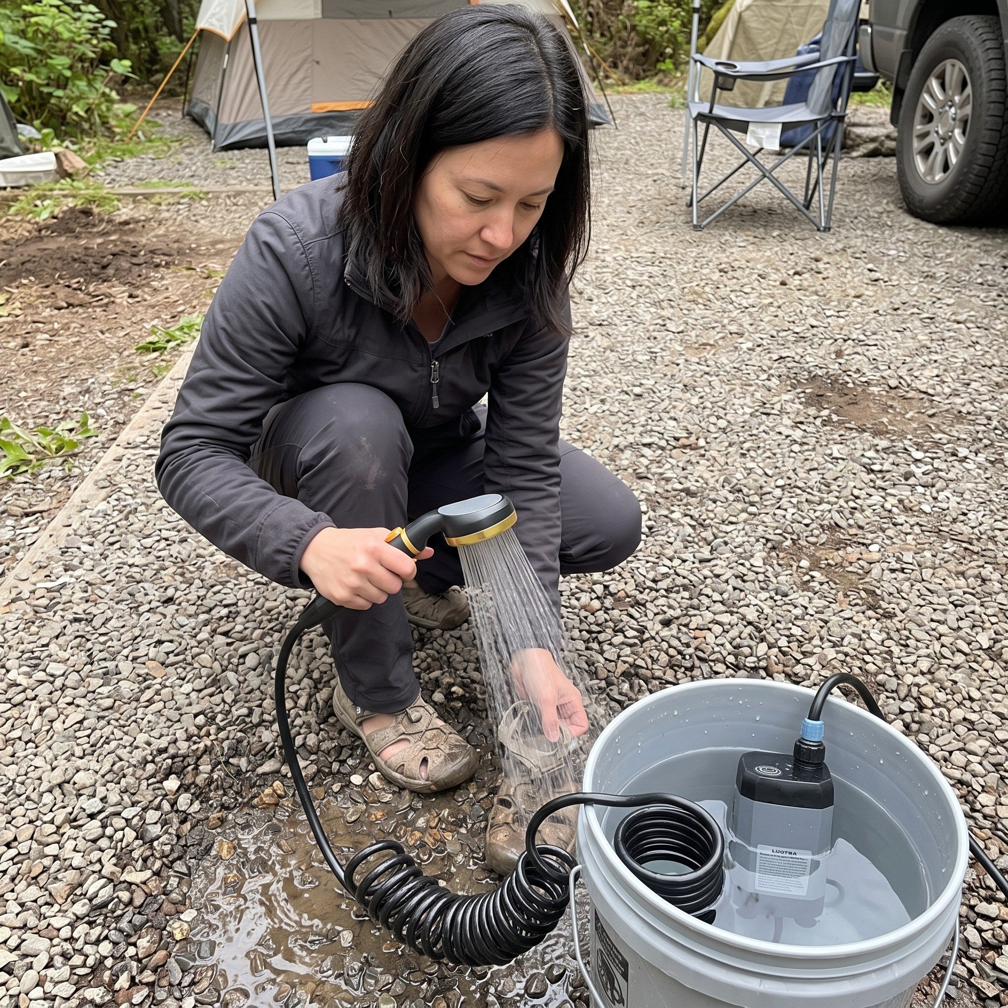 Olivia with a Grey camping shower and dusty camping gear