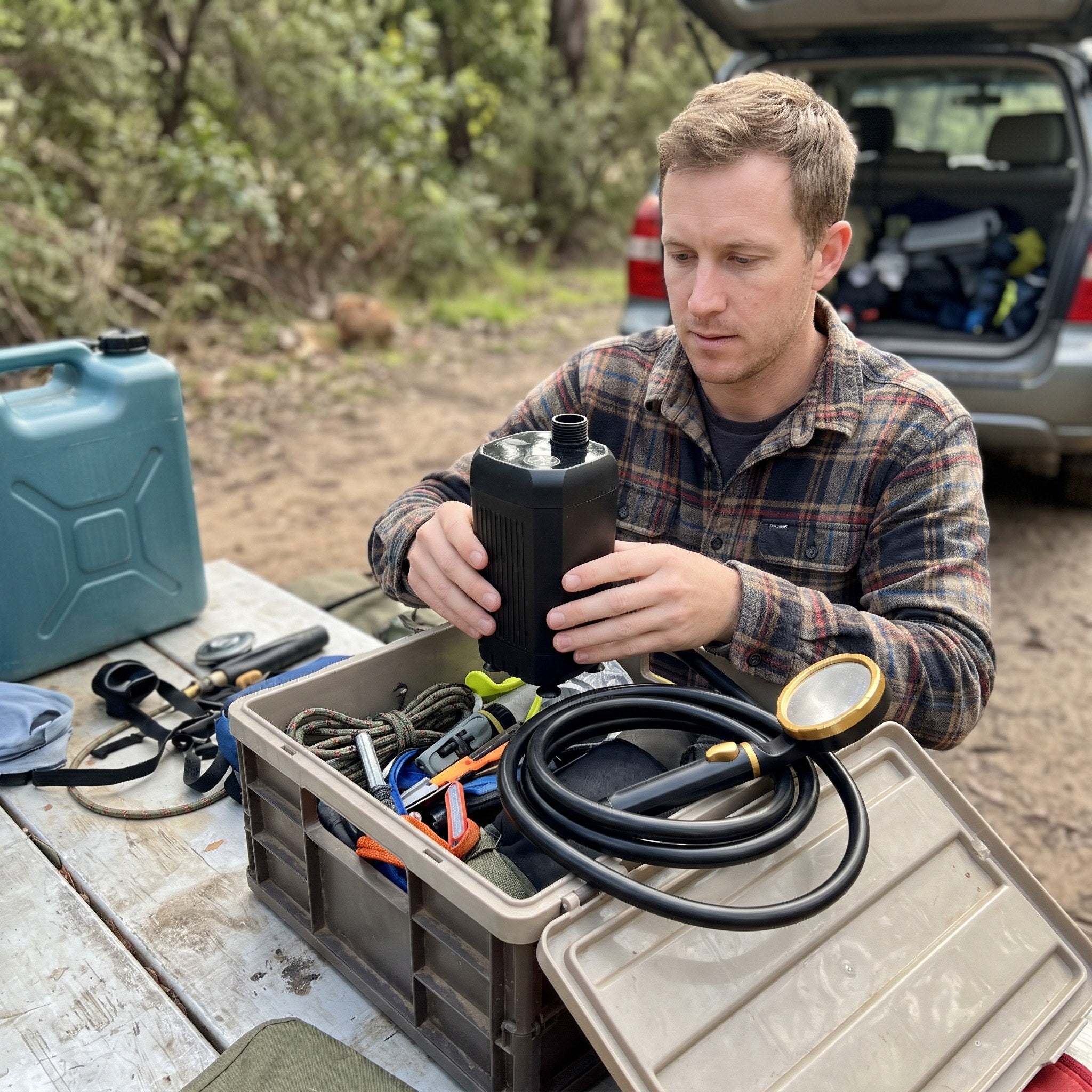 Ben with a Black camping shower on a campsite table